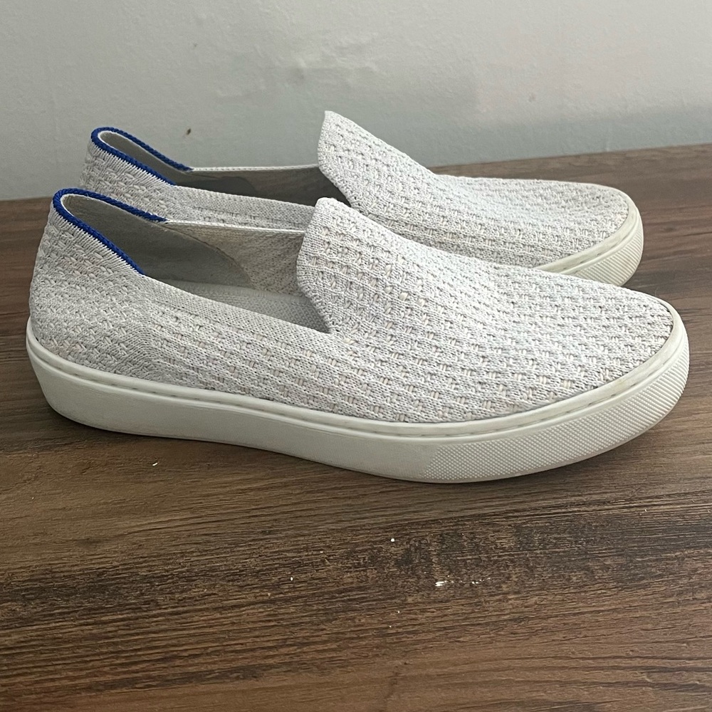 Rothy's Slip-On Knit Sneakers in Light Gray with Blue Trim